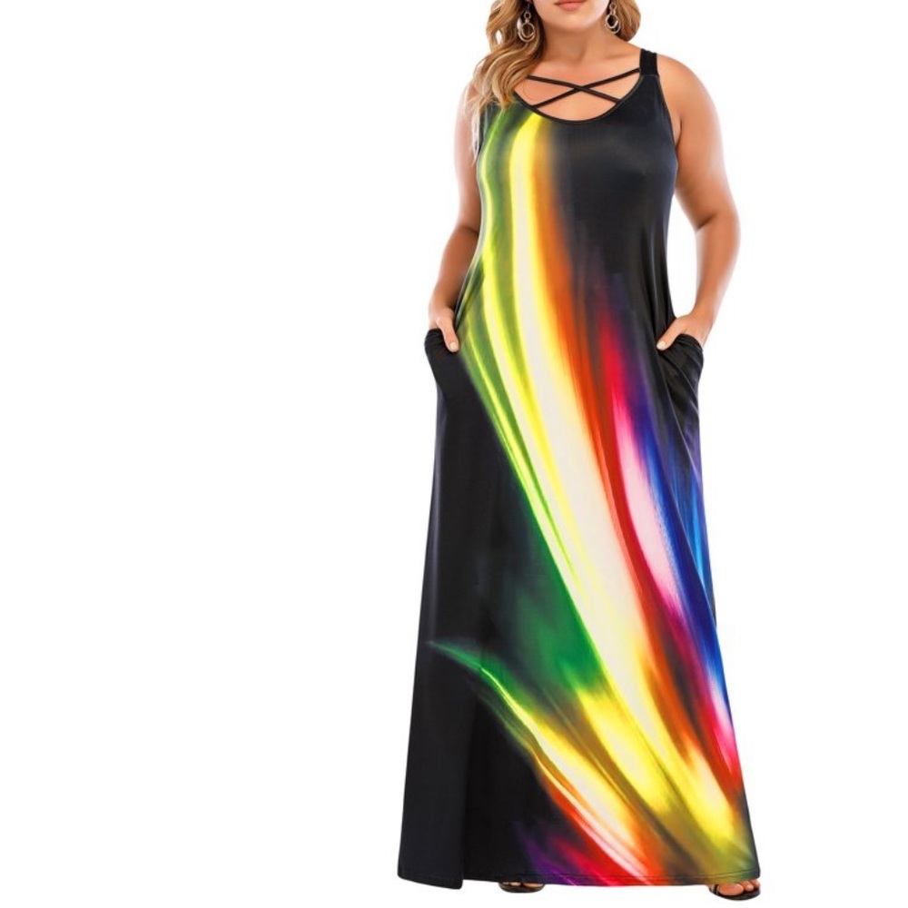 LAPA Dress Printed V-Neck Racerback Maxi Slip Dress Size XXL Black